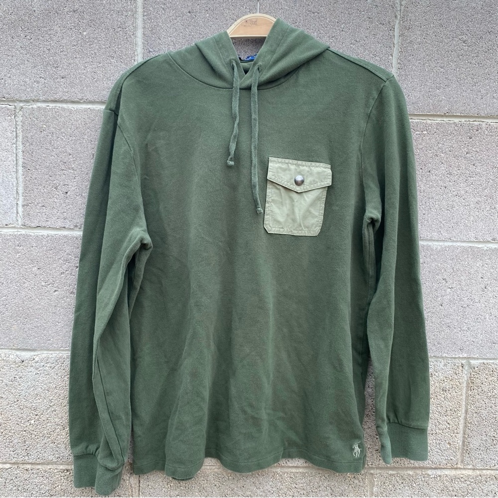 Polo Ralph Lauren Hoodie Mens Large Olive Green Pony Flap Pocket Mesh Pullover